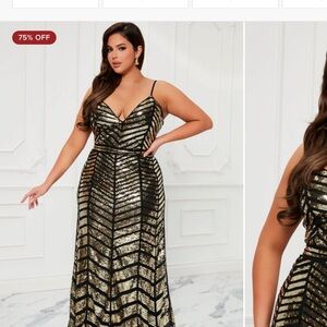 Fashion Nova Black & Gold Sequin Maxi Gown